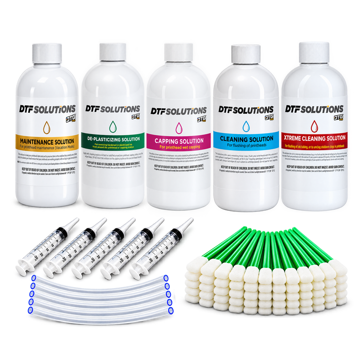 DTF Printhead Cleaning &amp; Maintenance Kit – 5 Solutions, 120ml Each + Swabs &amp; Syringes