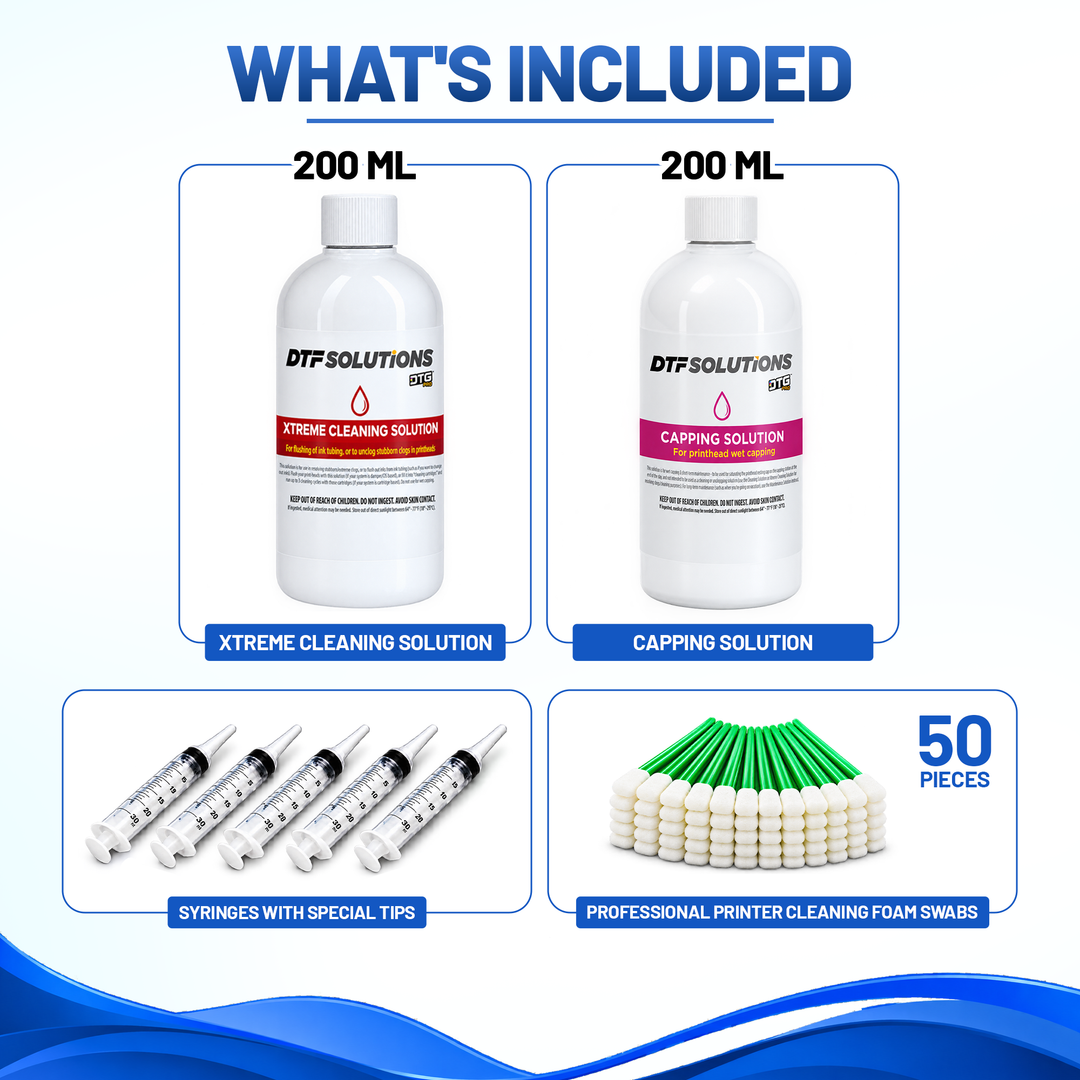 DTGPRO™ Professional DTG Printhead Cleaning &amp; Maintenance Kit with 200ml Extreme Cleaning &amp; Capping Solutions, Syringes &amp; Foam Swabs