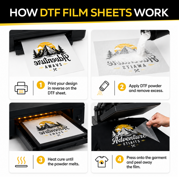 DTFLINE™ INSTAPEEL DTF Transfer Film Sheets – Premium Matte Warm Peel PET Film for DTF Printers