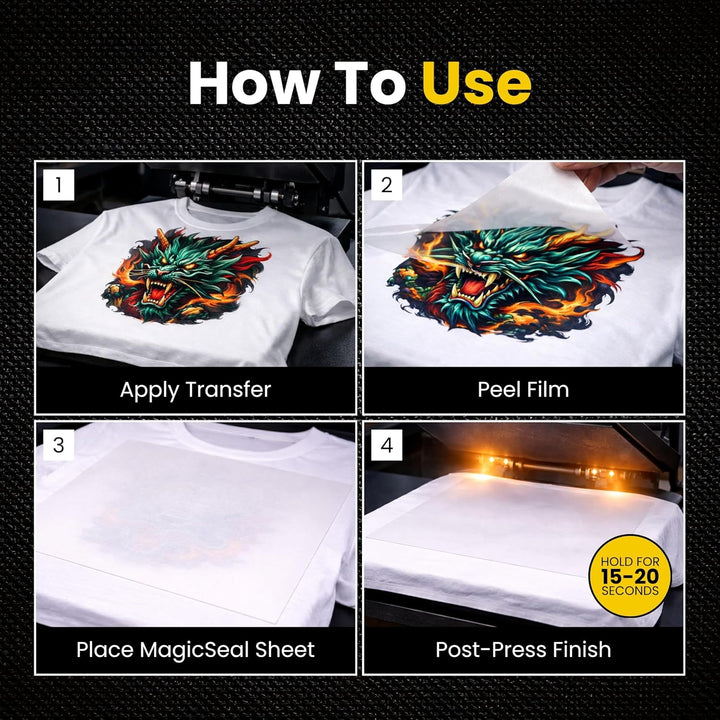 MagicSeal™ Reusable Post-Press Finishing Sheet for DTF, HTV, DTG and Transfer Prints, Improves Softness, Breathability and Wash Durability