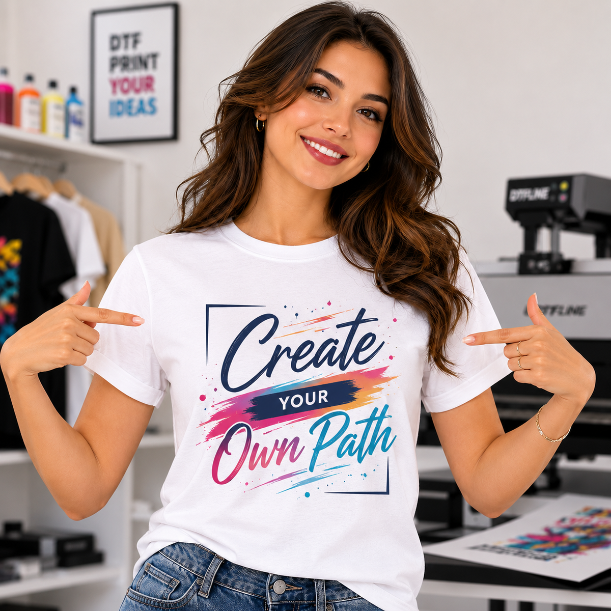 Person in a white T-shirt printed with “Create Your Own Path”, in a print studio with a DTFLINE printer