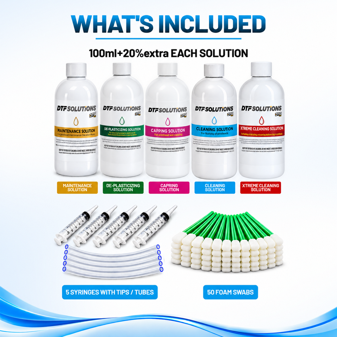 DTF Printhead Cleaning &amp; Maintenance Kit – 5 Solutions, 120ml Each + Swabs &amp; Syringes